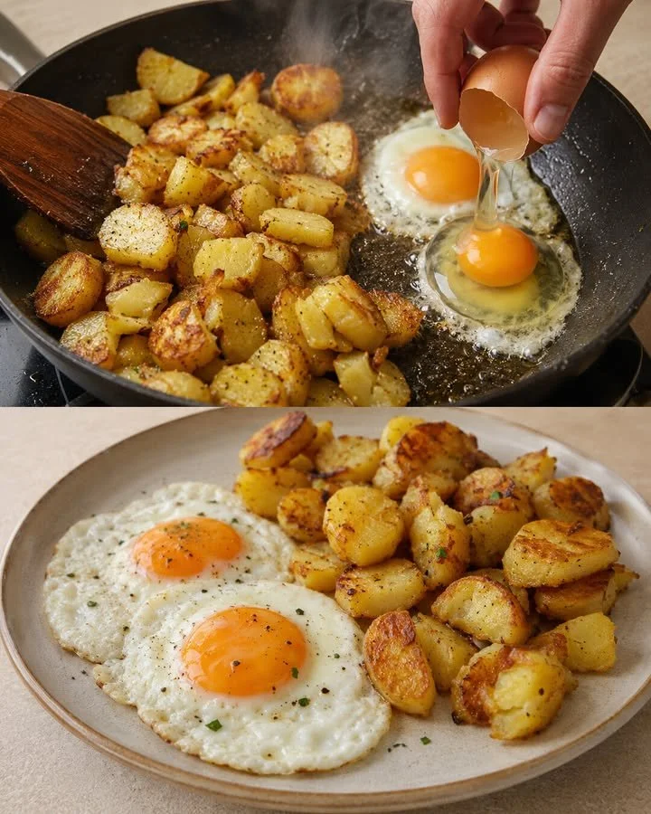 Knusprige Bratkartoffeln mit perfekt gebratenem Spiegelei auf einem Teller.