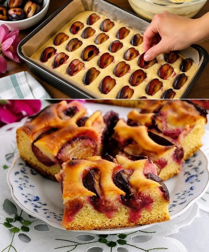 Saftiger Pflaumenkuchen mit reifen, aromatischen Pflaumen auf einem Teller.