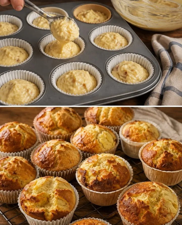 Saftige Quark-Muffins mit Vanillepudding auf einem Teller, dekoriert mit Sahne.