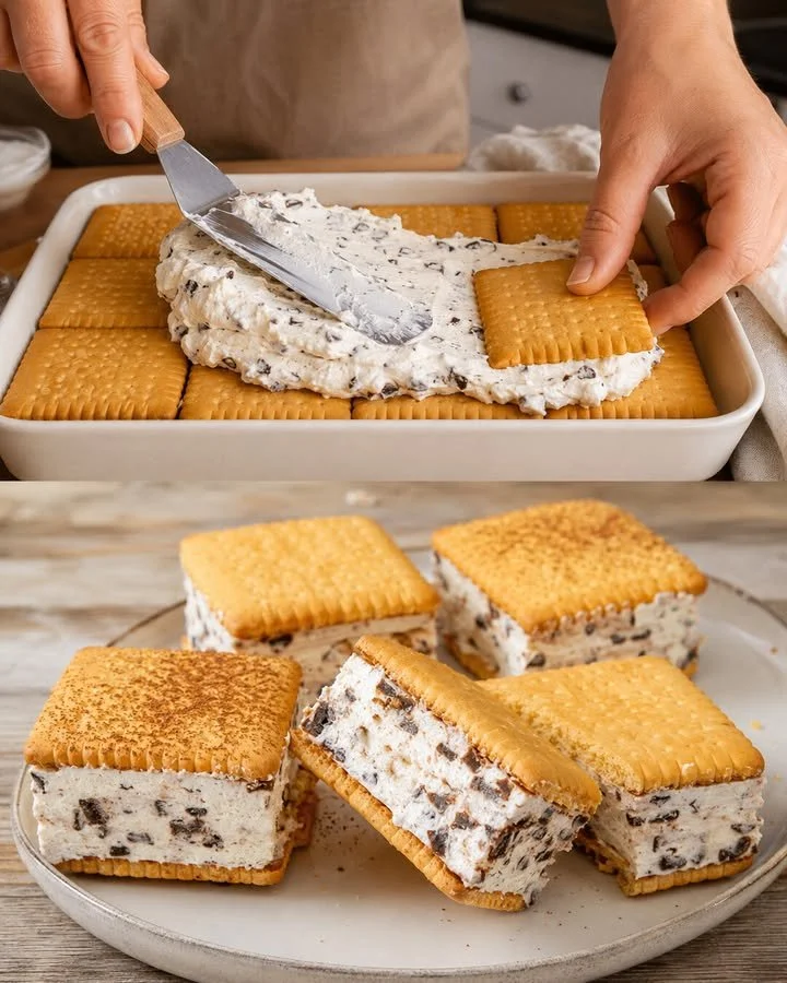 Cremiges und süßes Sandwich-Eis zwischen zwei feinen Schichten.