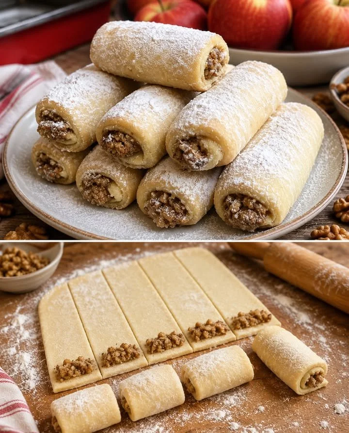 Saure-Sahne-Röllchen mit Pflaumenmus auf einem Teller, frisch serviert.