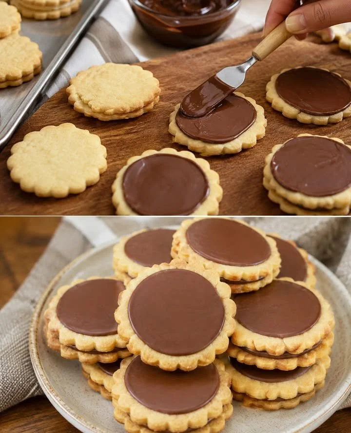 Knusprige Twix-Cookies mit Karamell und Schokolade auf einem Tisch.